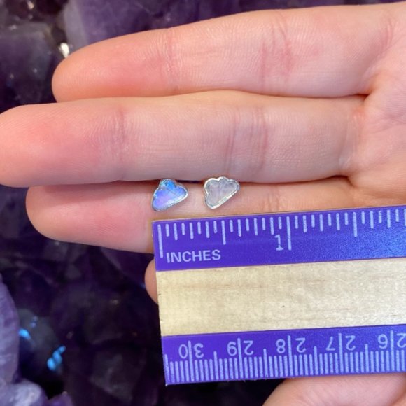 Rainbow Moonstone Cloud Stud Earrings, Flashy Stone, Sterling Silver, Healing - Picture 3 of 4